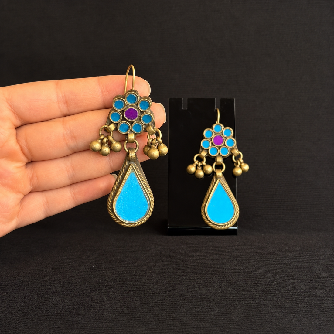 Turquoise-Blue Rosette & Teardrop Dangle Earrings