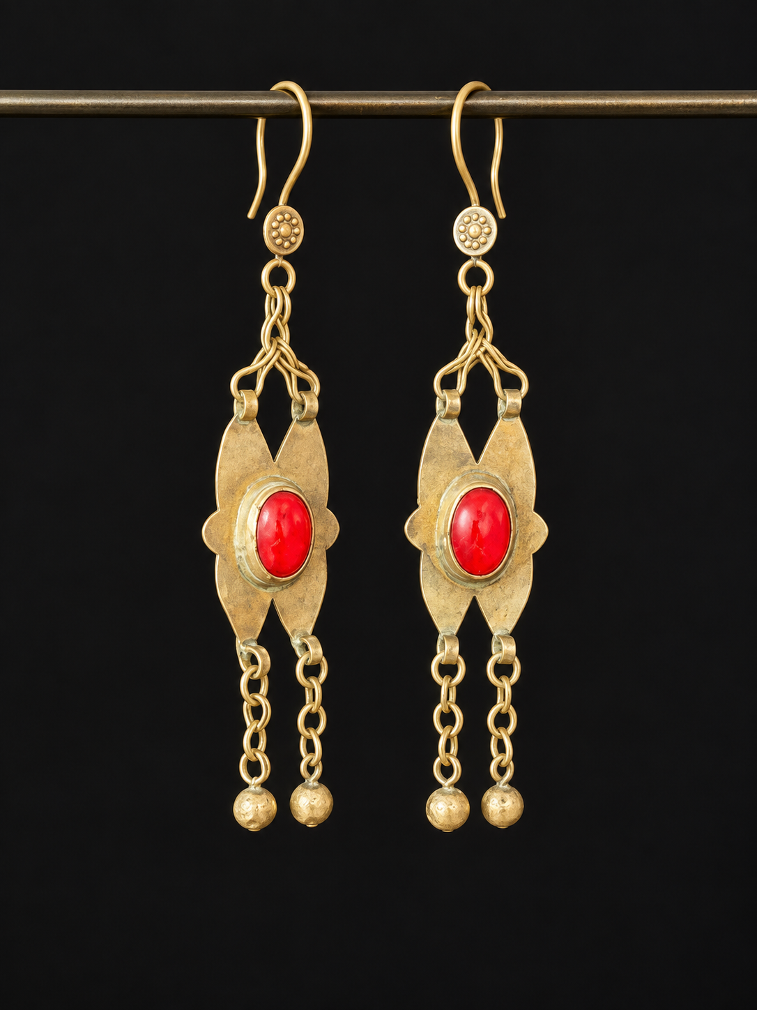 Vintage Red Glass Shield Drop Earrings