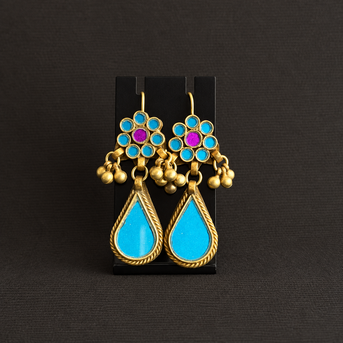 Turquoise-Blue Rosette & Teardrop Dangle Earrings
