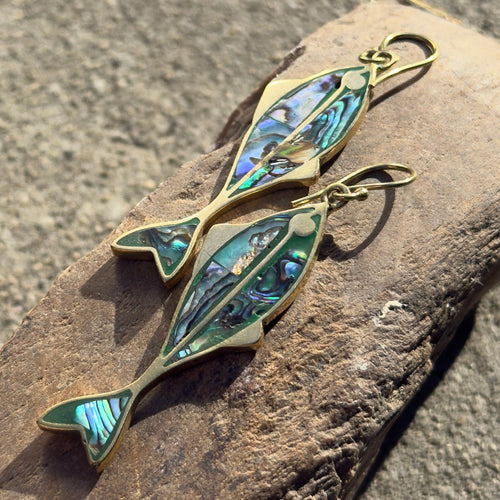 Abalone Shell Fish Statement Earrings – Brass