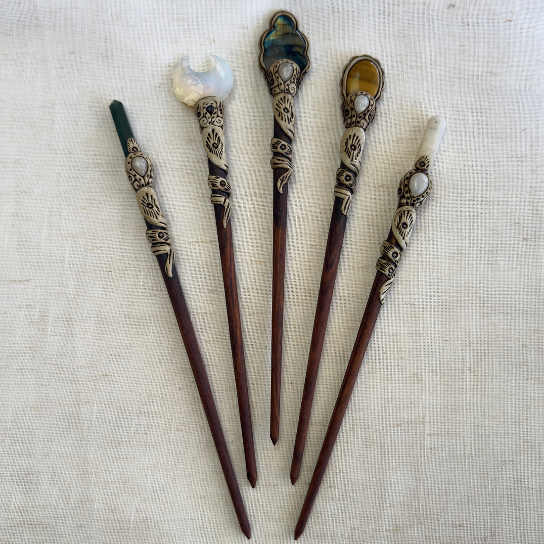 Natural Stone Wooden Hair Bun Stick – Moonstone, Labradorite, Tiger’s Eye & Quartz