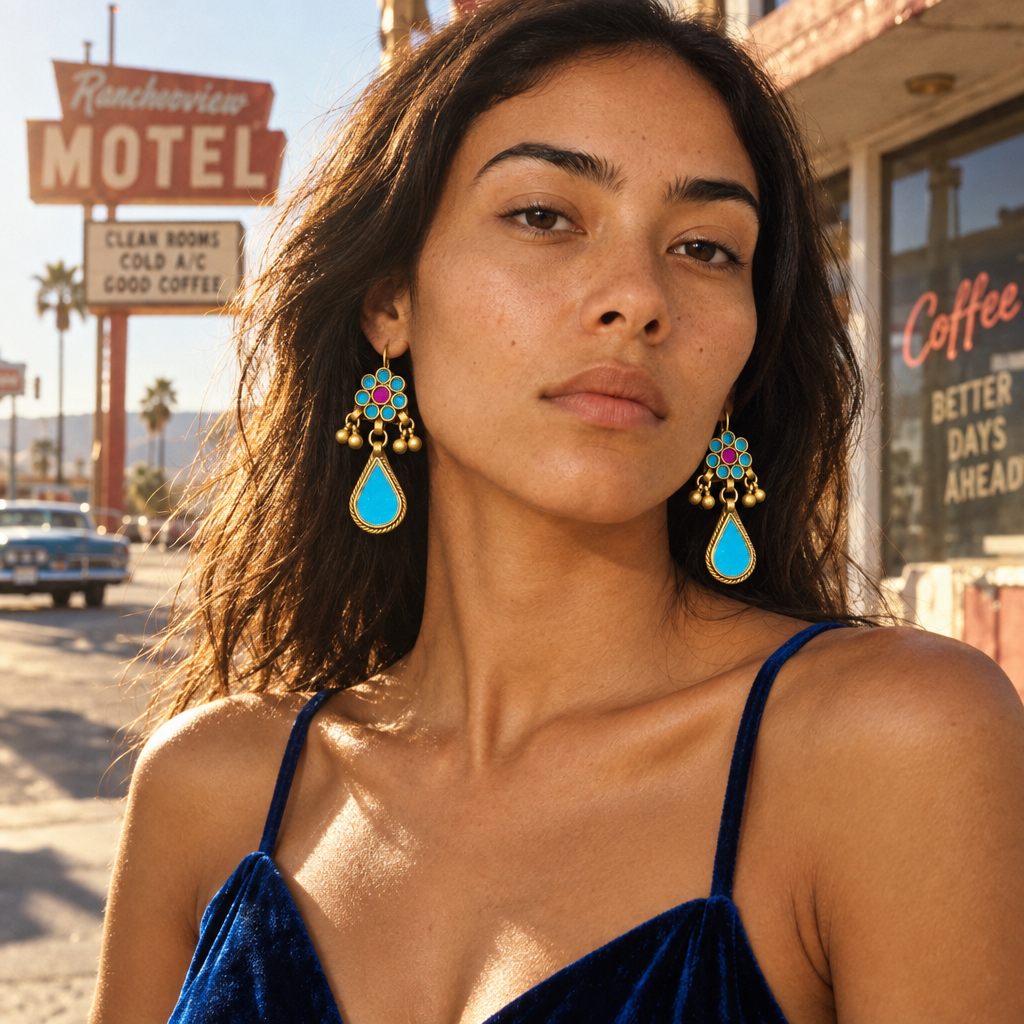 Turquoise-Blue Rosette & Teardrop Dangle Earrings