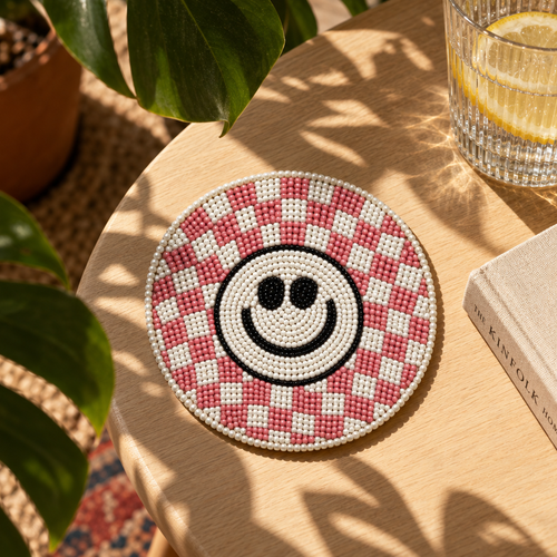 Set of 3 Pink Beaded Smiley Coaster