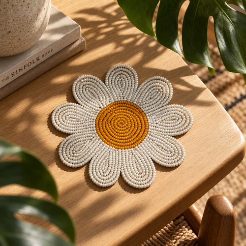 Set of 4 Beaded Daisy Flower Coaster