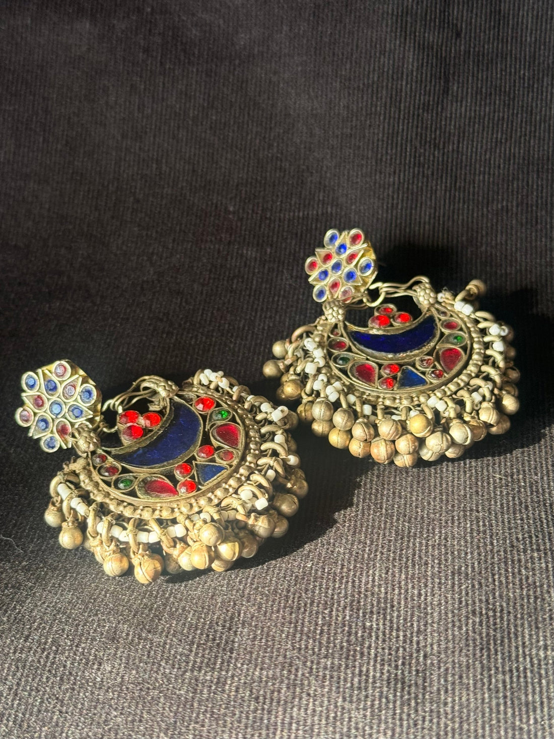 Vintage Cobalt Crescent & Bell Fringe Earrings
