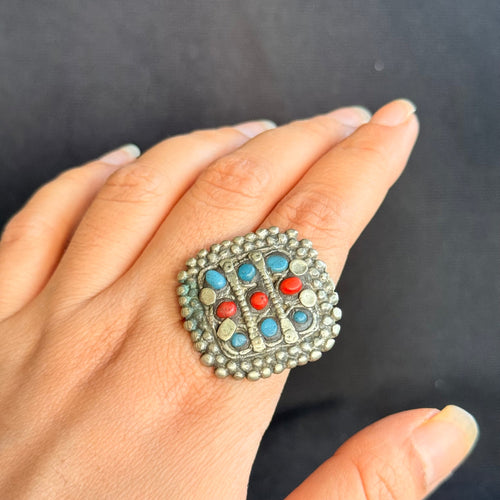 Vintage Turquoise & Red Mosaic Statement Ring