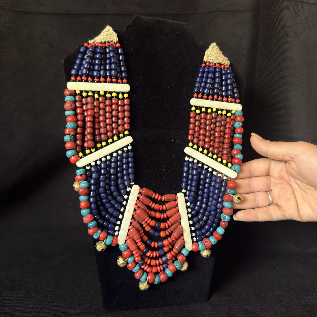Cobalt & Rust Geometric Beadwork Bib Necklace
