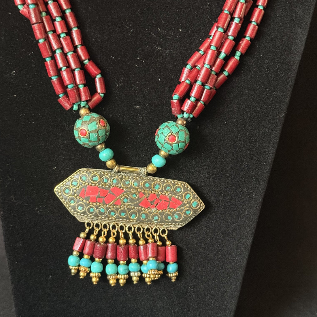 Tibetan Red & Turquoise-Color Mosaic Pendant Necklace