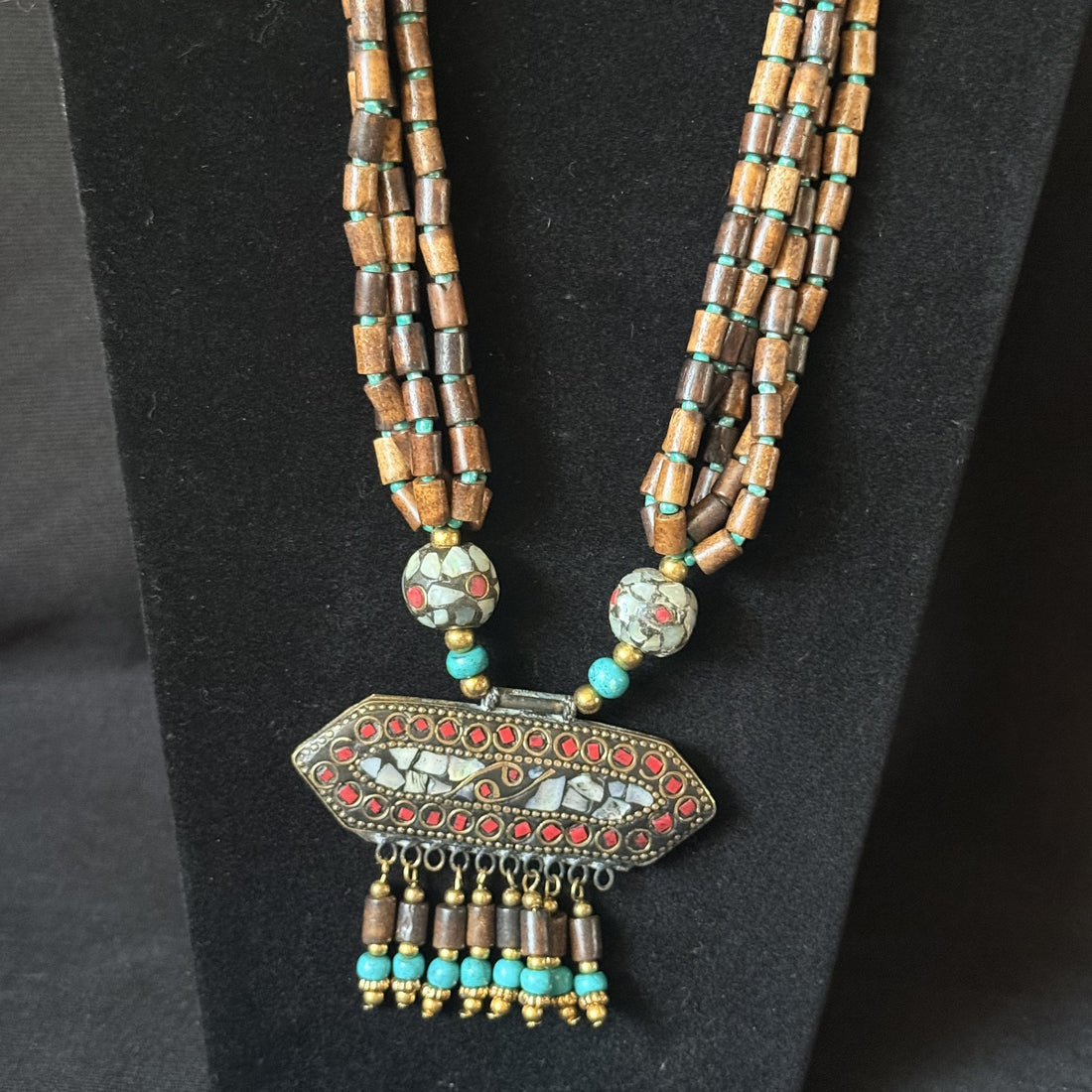 Tibetan Brown & Turquoise-Color Mosaic Pendant Necklace