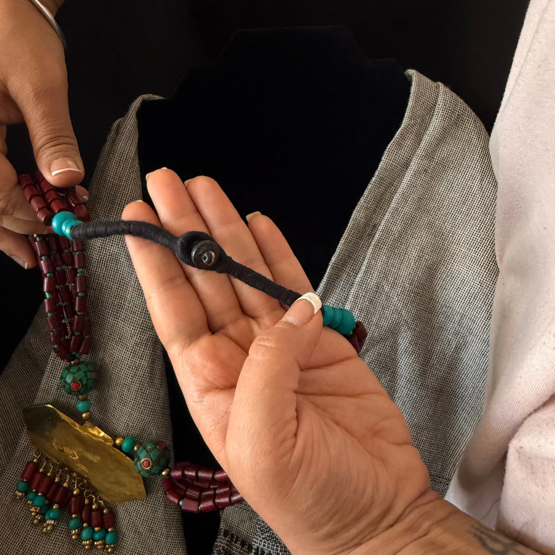 Tibetan Red & Turquoise-Color Mosaic Pendant Necklace