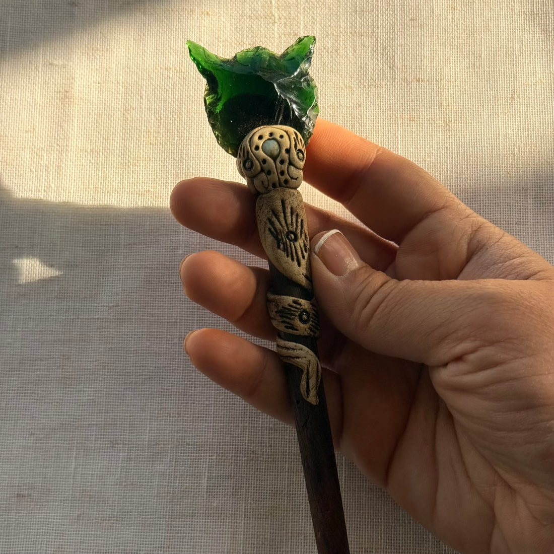 Green Aura Cat Wooden Hair Stick