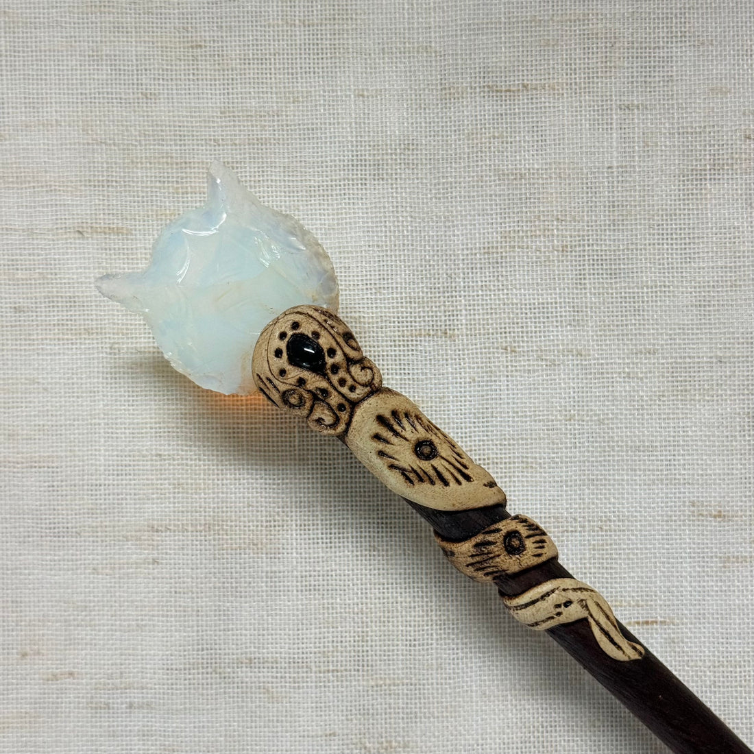 Opalite Cat Wooden Hair Stick