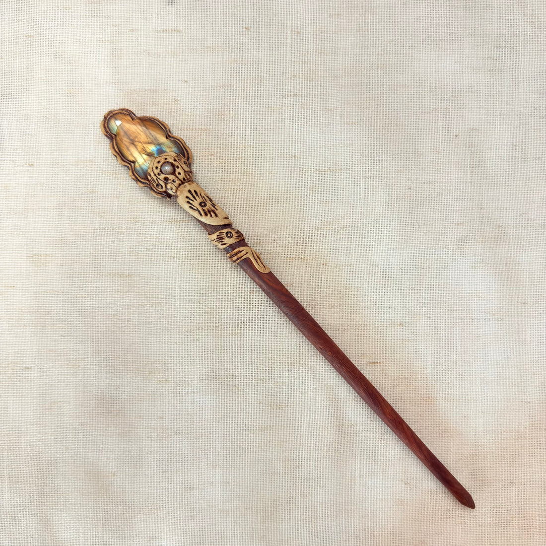 Natural Stone Wooden Hair Bun Stick – Moonstone, Labradorite, Tiger’s Eye & Quartz