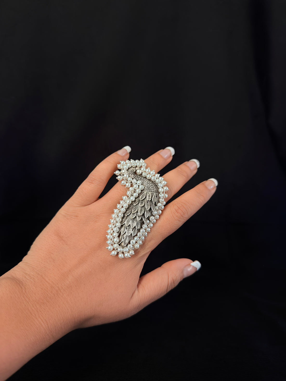 Pearl-Framed Feather Statement Ring