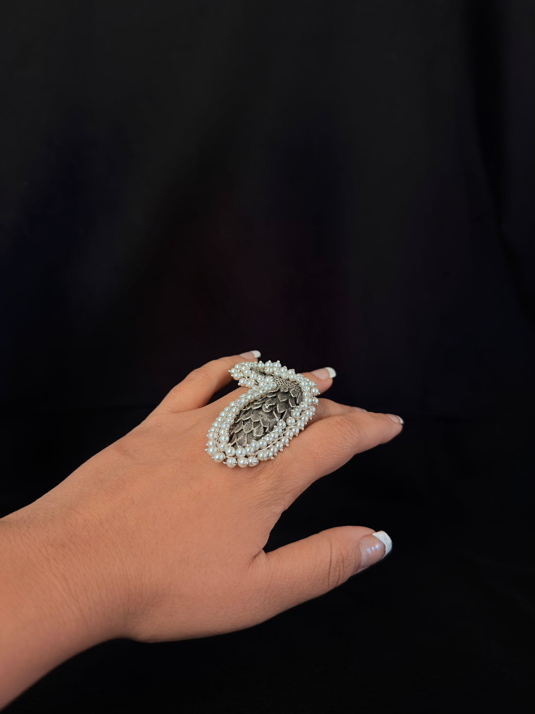 Pearl-Framed Feather Statement Ring
