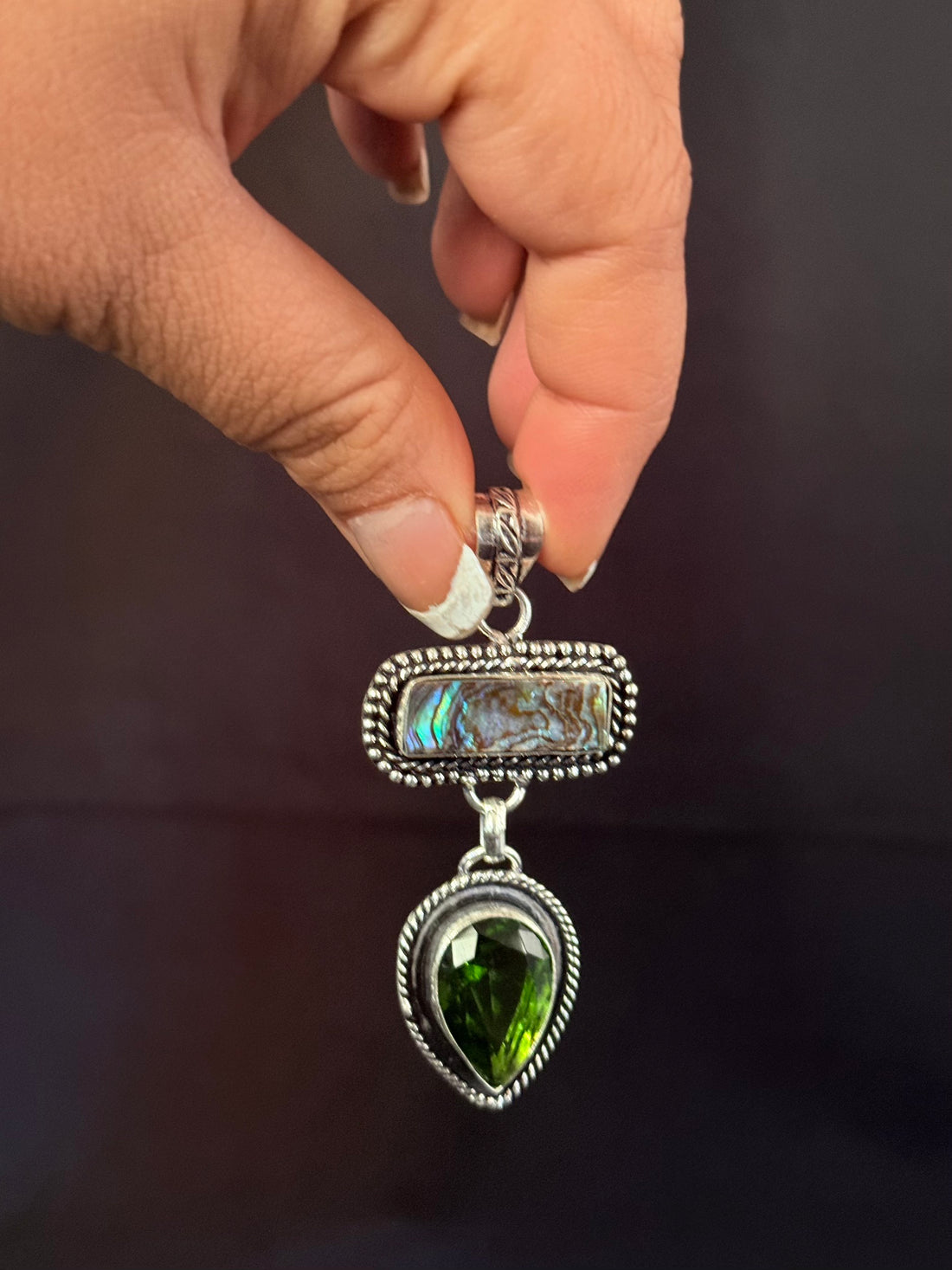 Abalone & Green Stone Drop Pendant