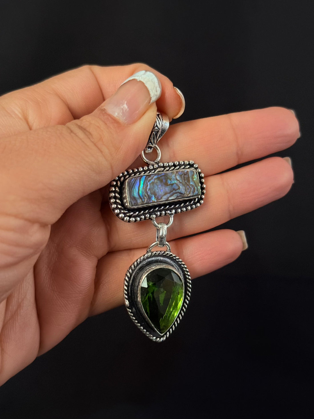 Abalone & Green Stone Drop Pendant