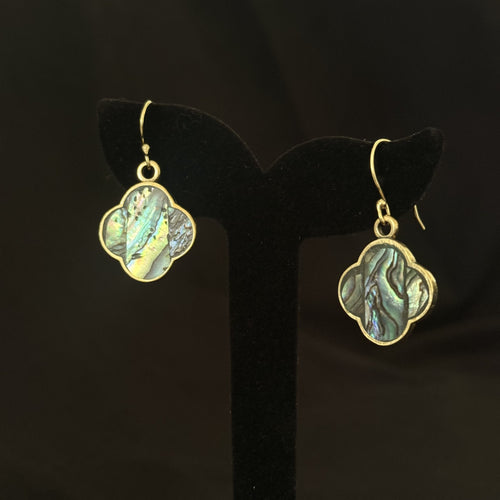 Four-lobed clover brass drop earrings with abalone shell