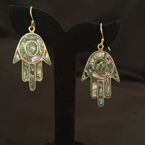 Brass Hamsa hand earrings with abalone shell inlay