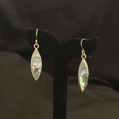 Slim marquise leaf brass earrings with abalone shell