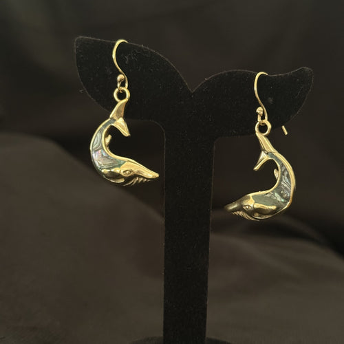 Curved brass shark earrings with abalone shell inlay