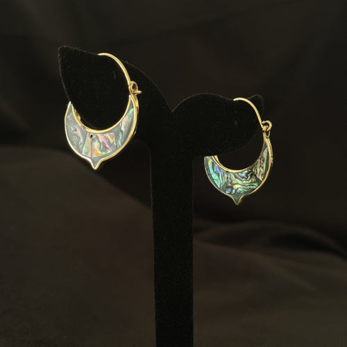Brass crescent hoop earrings with abalone shell inlay