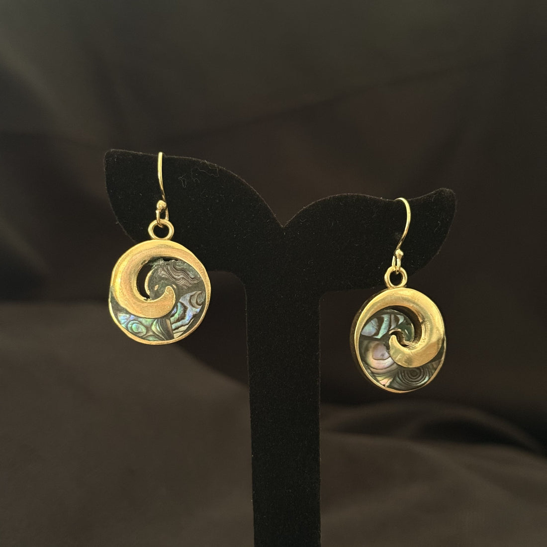 Round brass spiral earrings with abalone shell