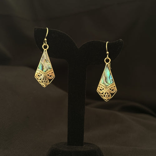 Pointed diamond brass drop earrings with abalone shell and scrollwork