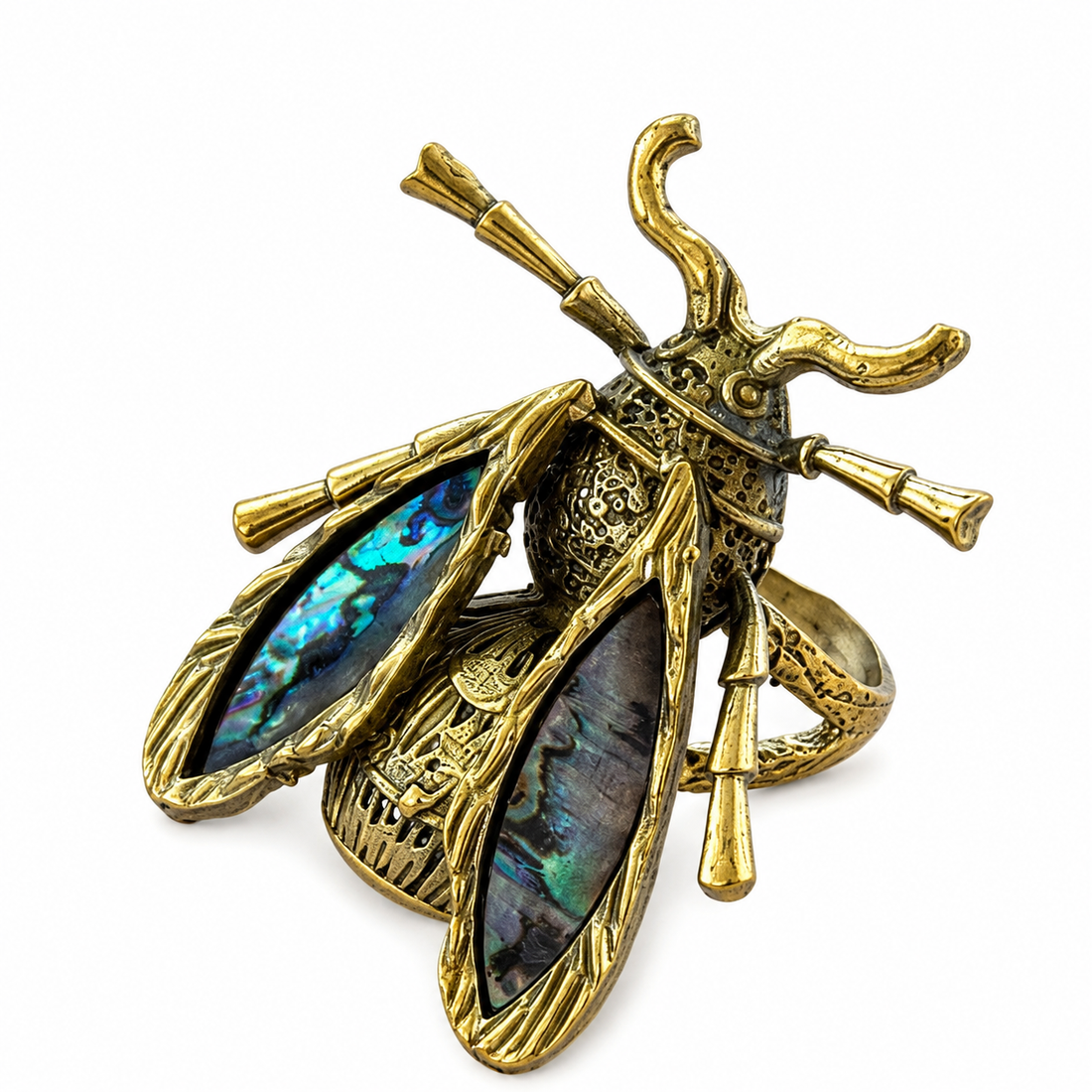 Brass Bee Statement Ring with Abalone Shell