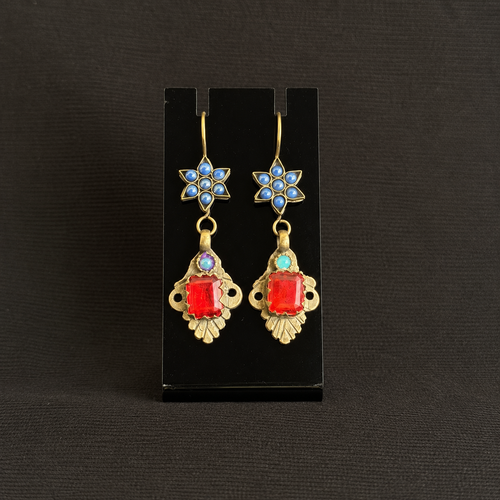 Vintage Ruby Red & Cobalt Rosette Drop Earrings