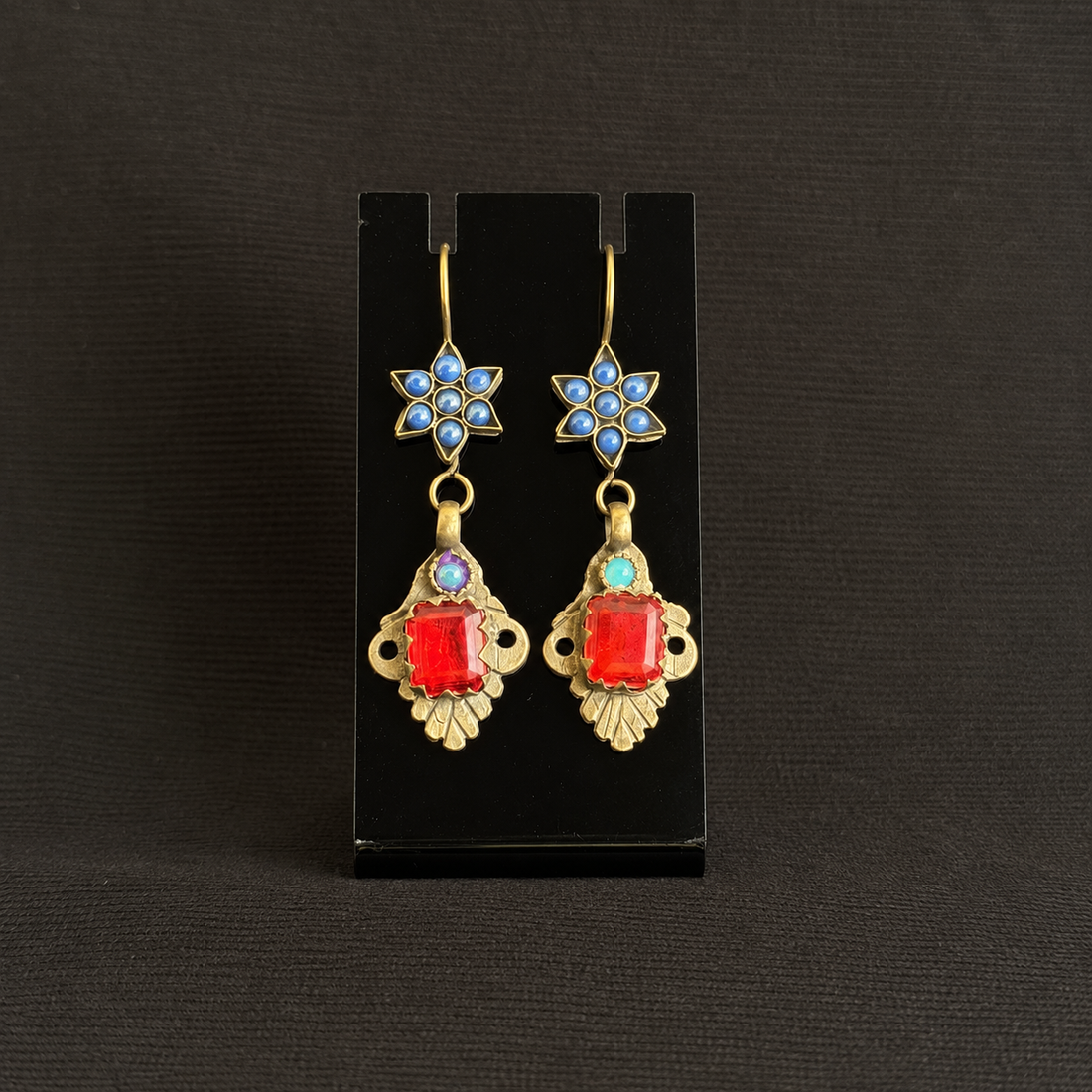 Vintage Ruby Red & Cobalt Rosette Drop Earrings
