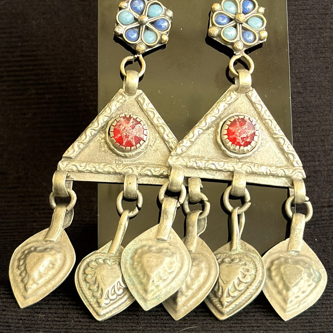 Vintage Afghan Rosette & Triangle Dangle Earrings