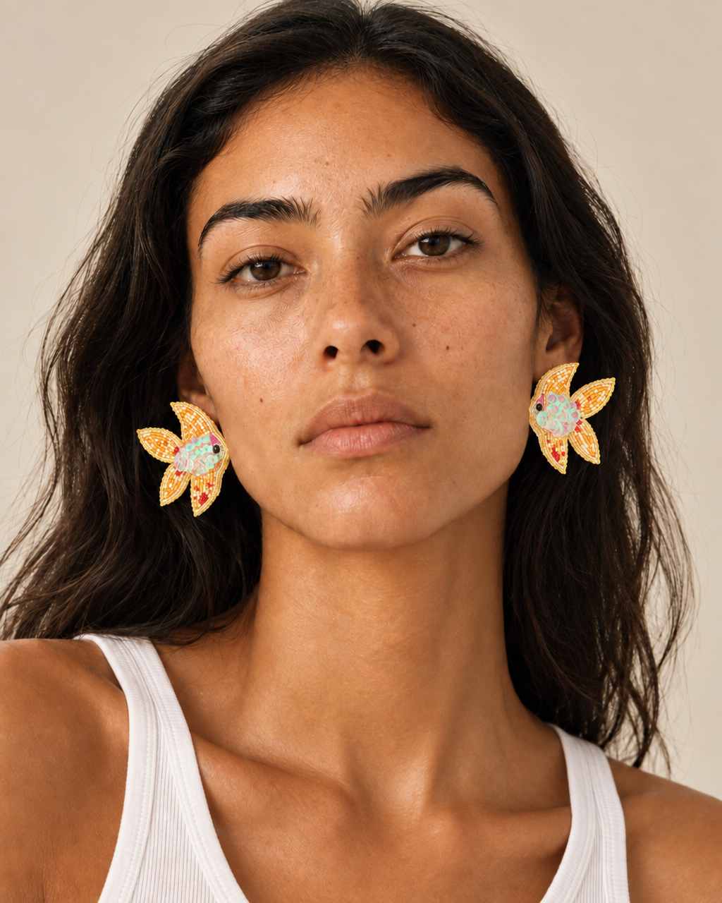 Golden Glimmers — Handmade Beaded Fish Statement Earrings