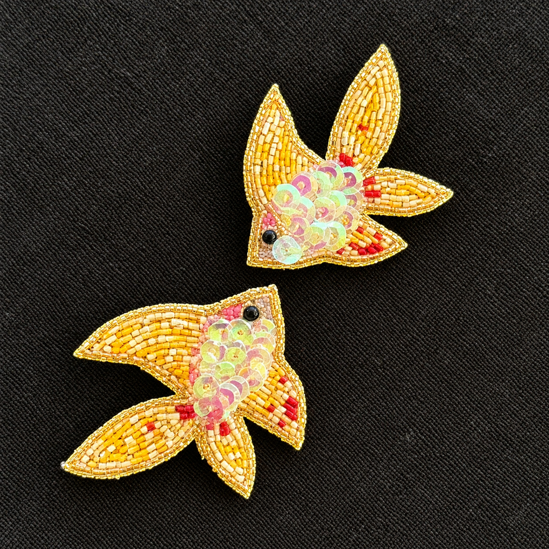 Golden Glimmers — Handmade Beaded Fish Statement Earrings