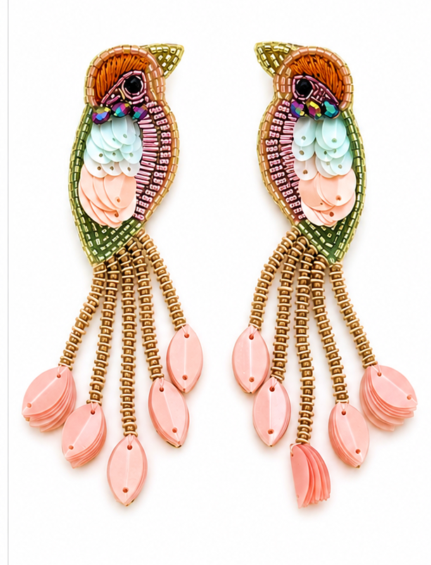Beaded Orange Bird Statement Earrings