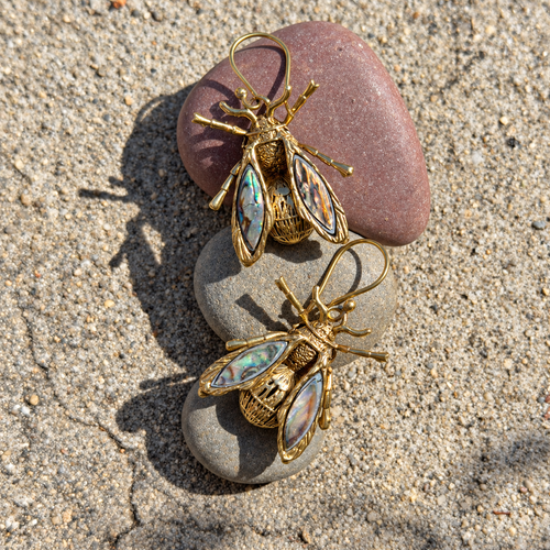 Abalone Shell Bee Statement Earrings – Brass