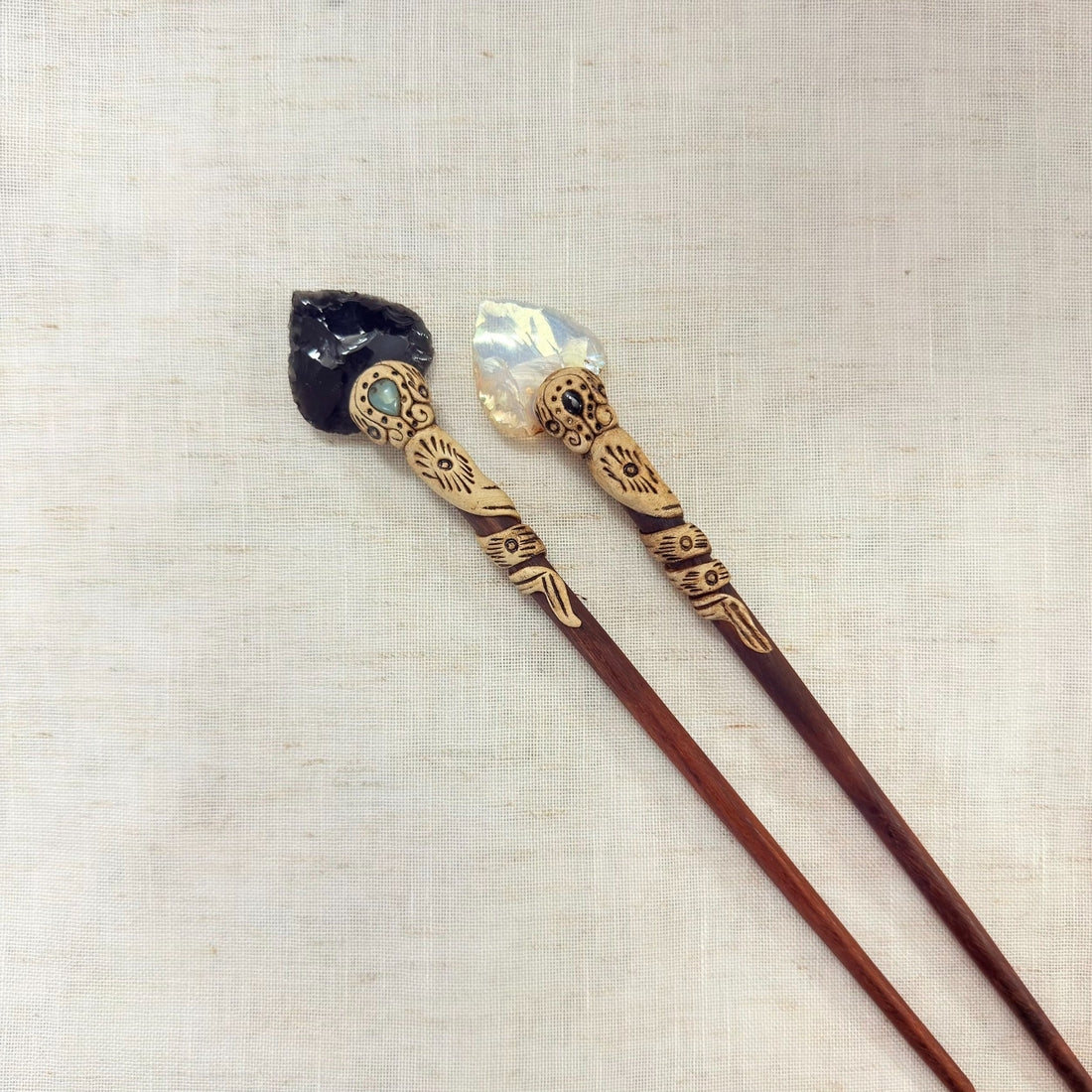 White opalite boulder hair stick with dark accent stone