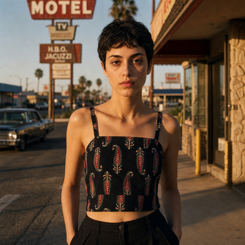 Black Block Print Cotton Crop Top