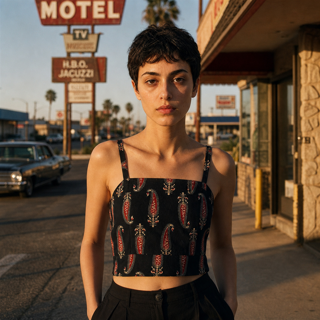 Black Block Print Cotton Crop Top