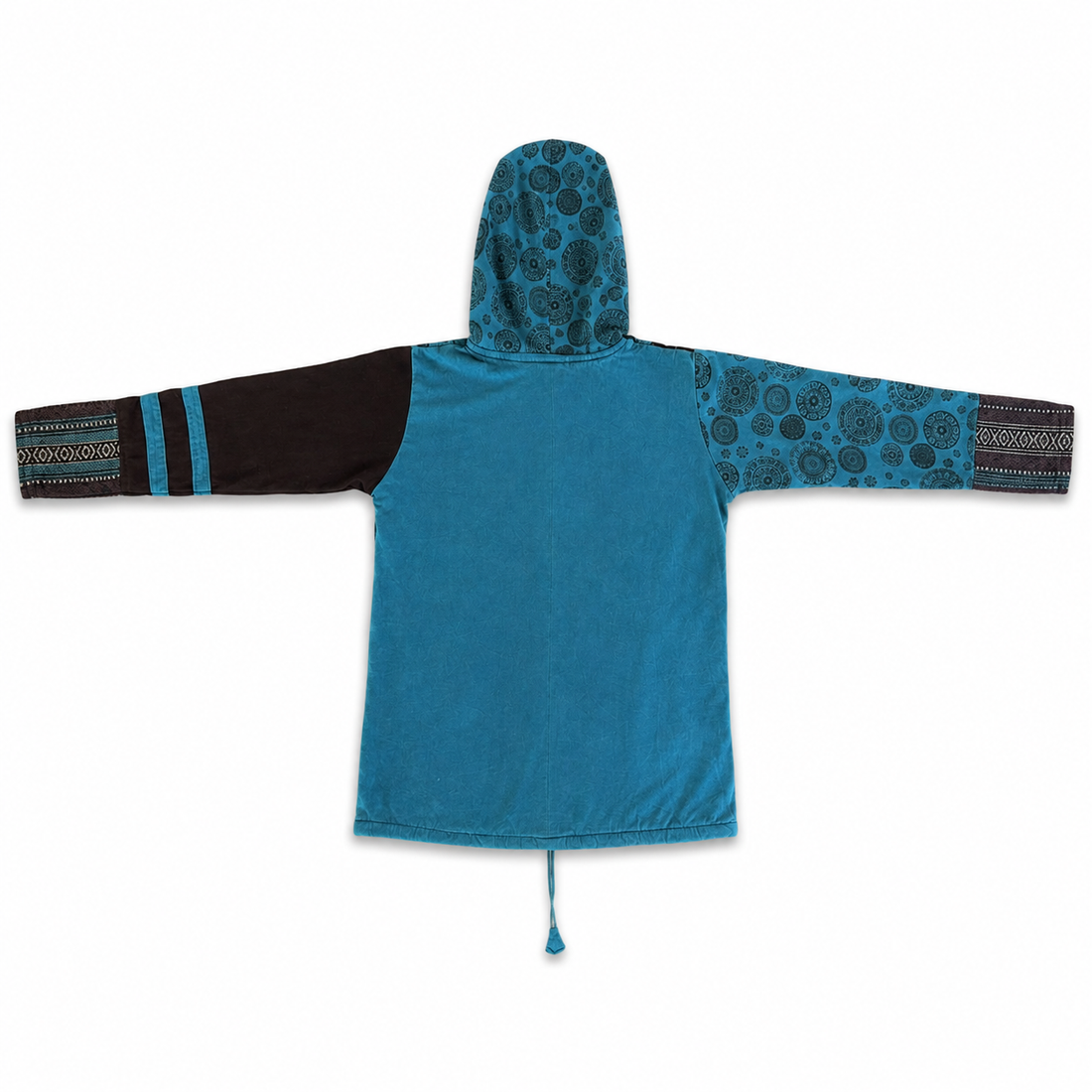 Turquoise Woolen Patchwork Hooded Jacket