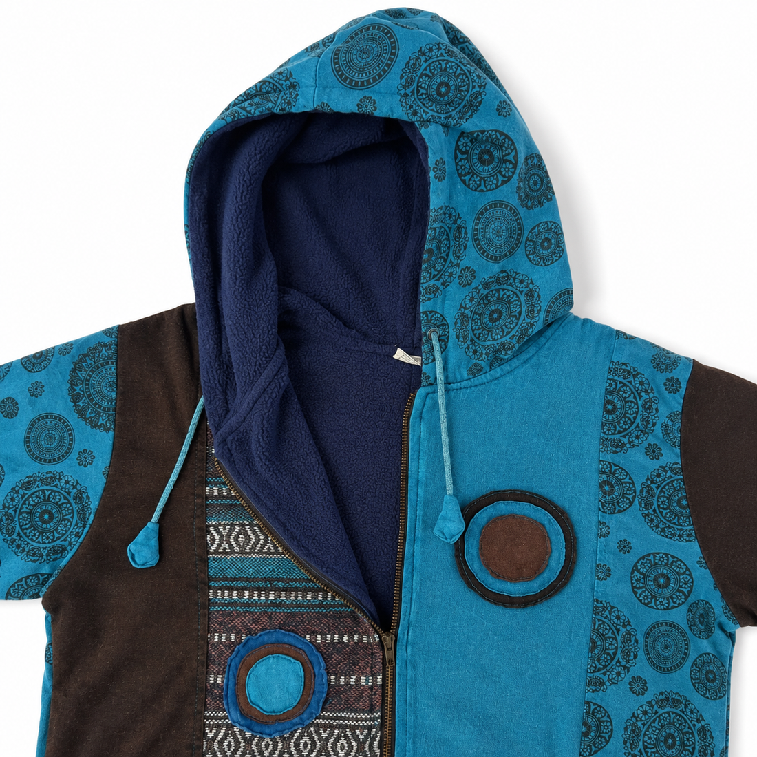 Turquoise Woolen Patchwork Hooded Jacket