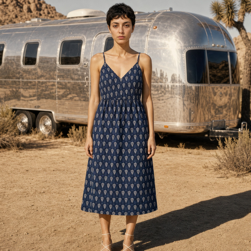 Blue Block Print Cotton Midi Dress