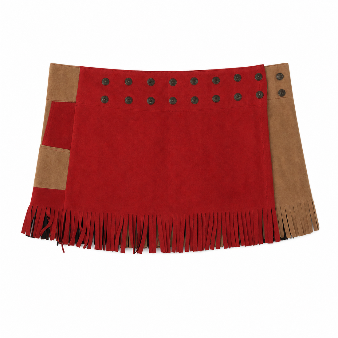Red & Tan Checkered Fringe Wrap Skirt