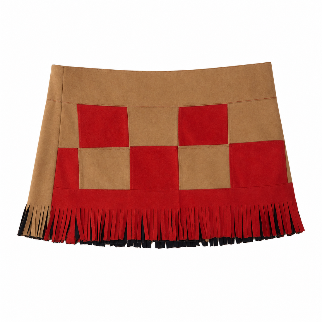 Red & Tan Checkered Fringe Wrap Skirt