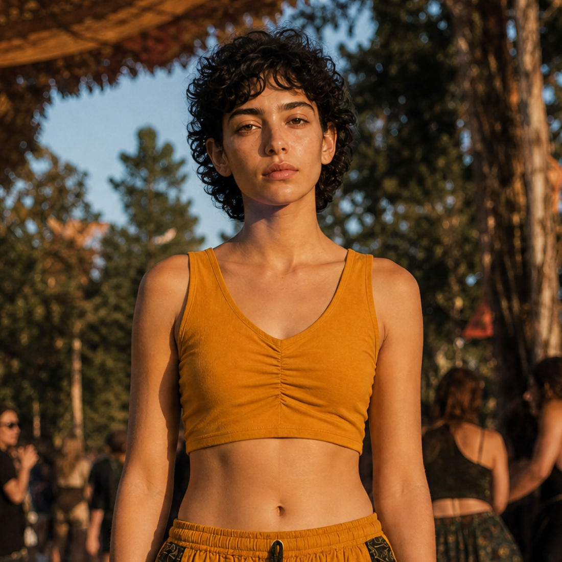 Mustard Cotton Crop Top with Woven Back