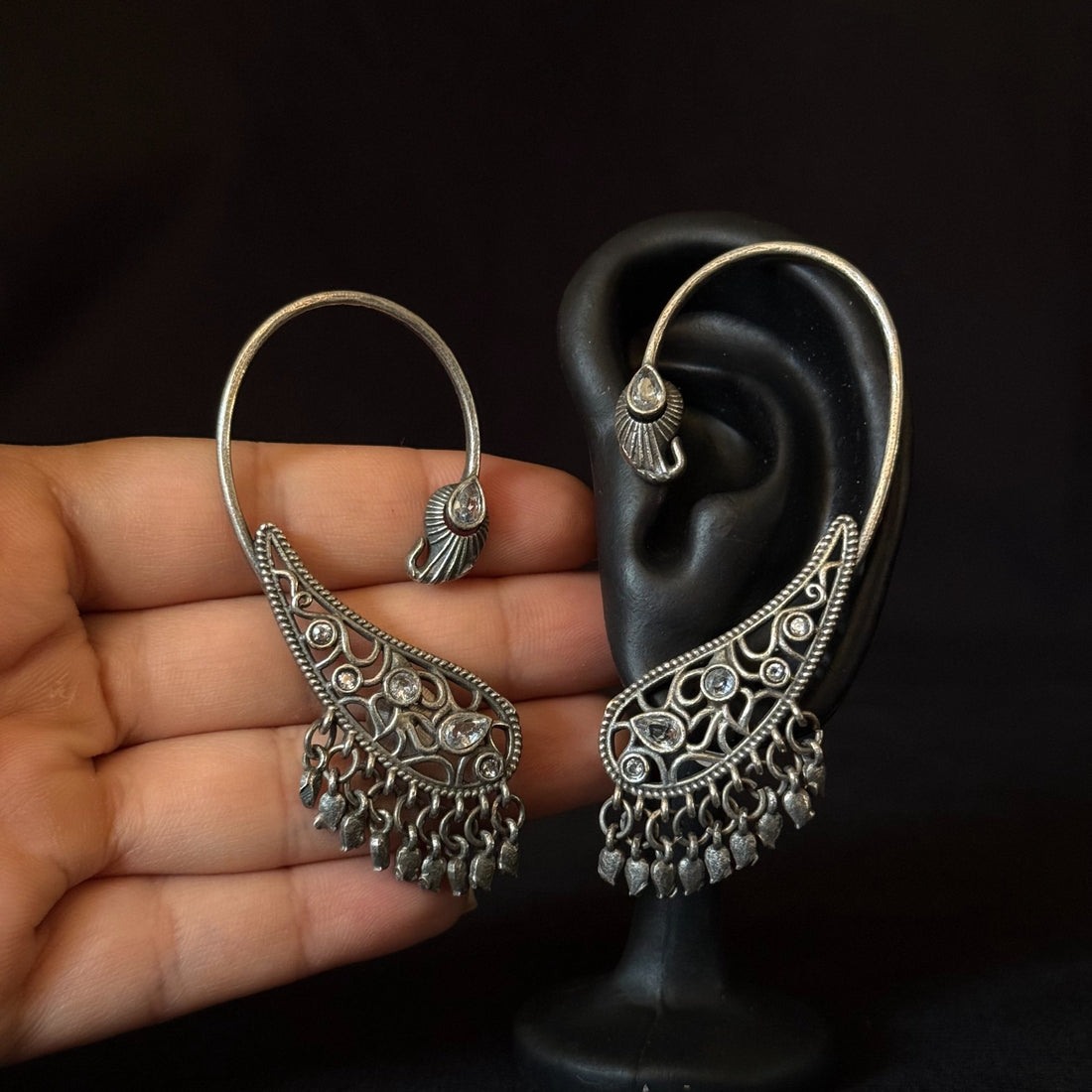 Oxidized brass crystal paisley ear cuffs