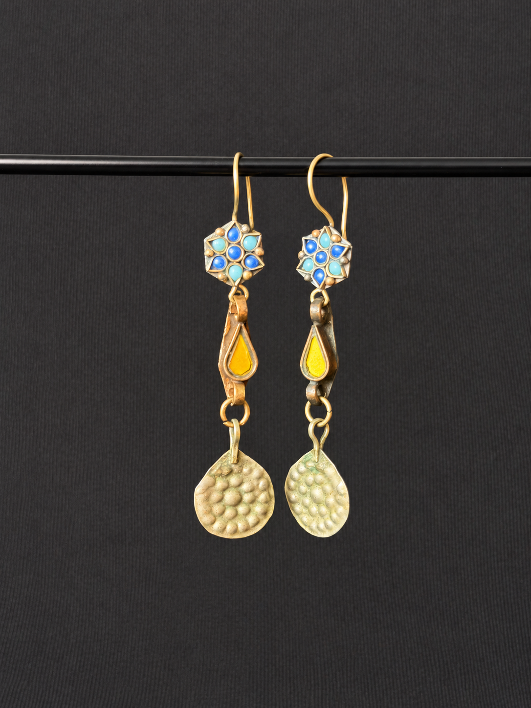 Vintage Blue Rosette & Yellow Medallion Drop Earrings