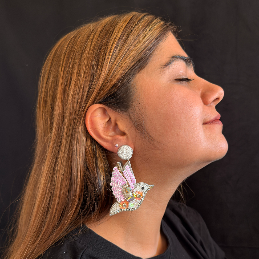 Blush Dove — Beaded Bird Statement Earrings