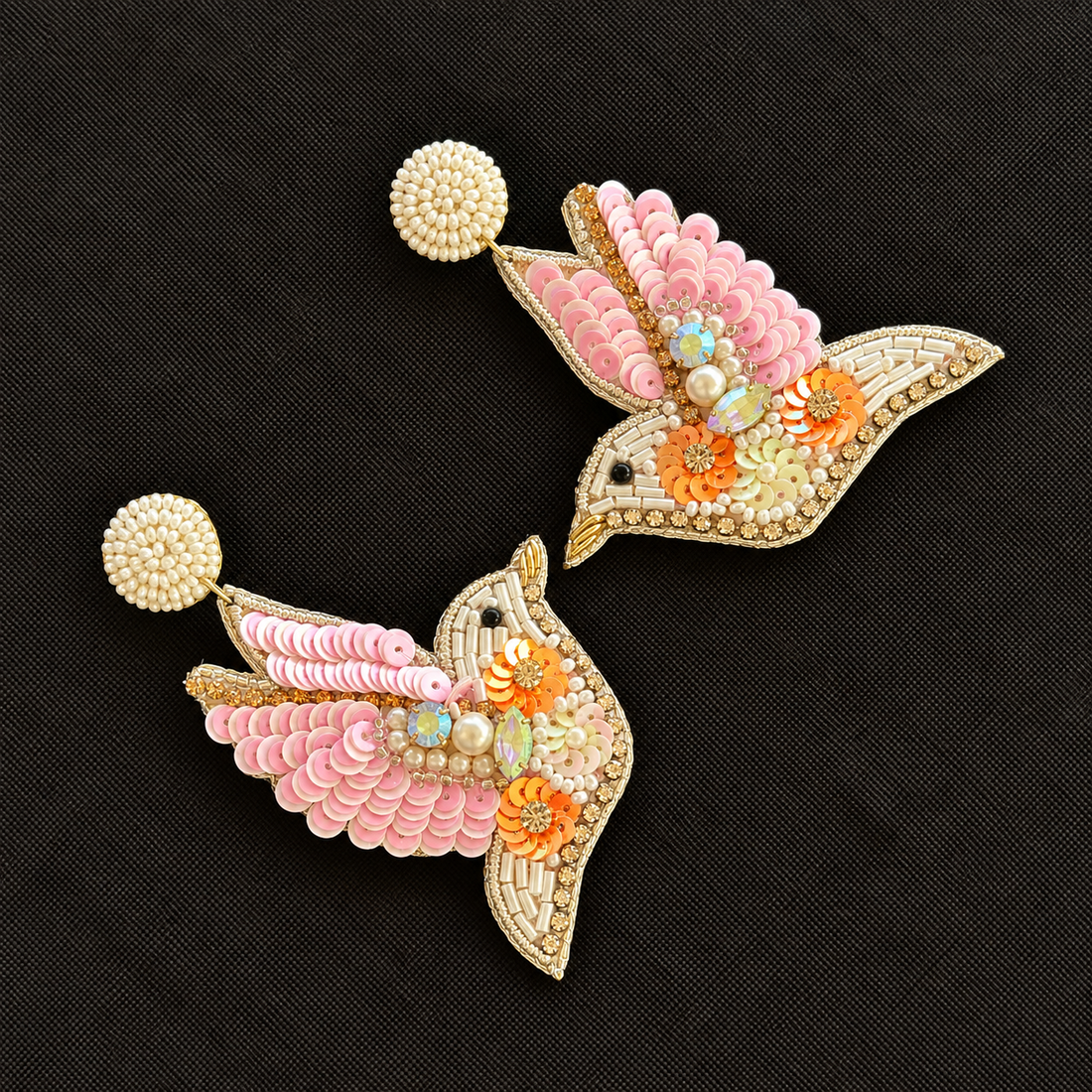 Blush Dove — Beaded Bird Statement Earrings