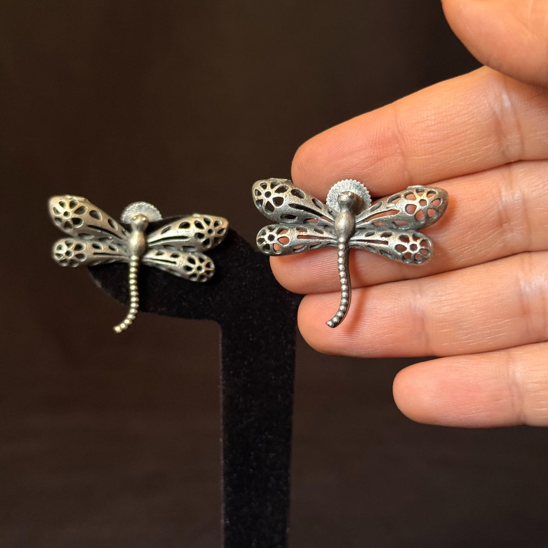 Oxidized brass dragonfly stud earrings